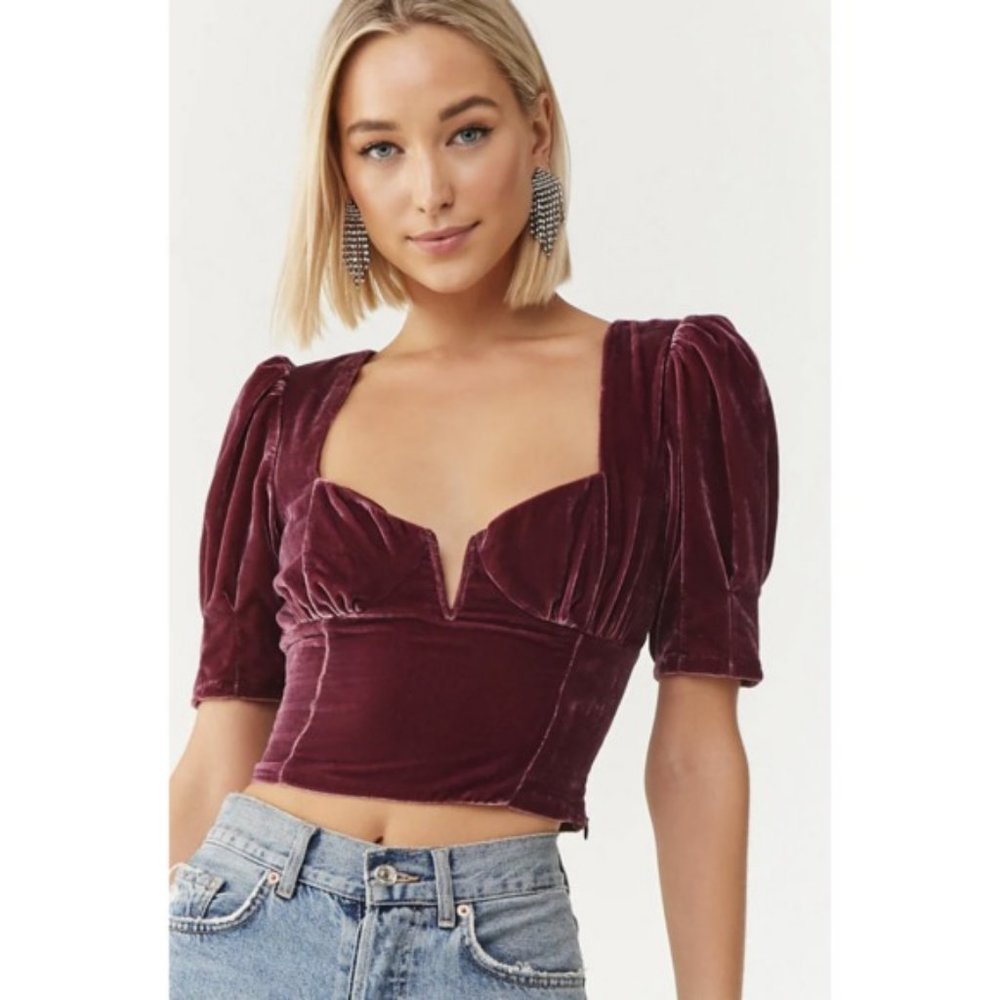 Forever 21 Purple Velvet Plunge Neck Puff Shoulder Crop Top